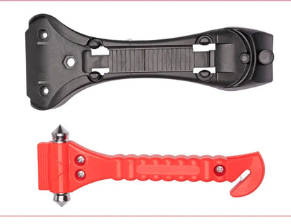 Red car emergency hammer with window breaker and seatbelt cutter tool