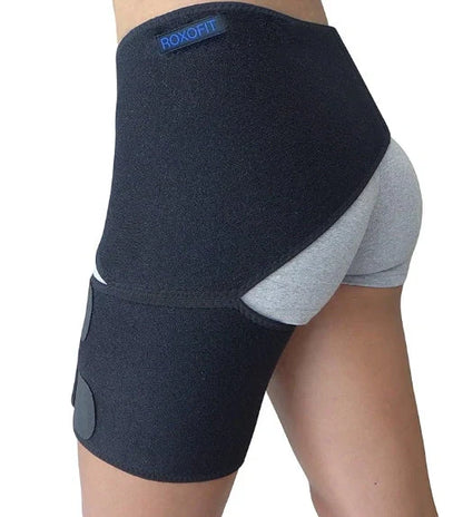Inguinal hip support strap with rubber construction and adjustable fastening