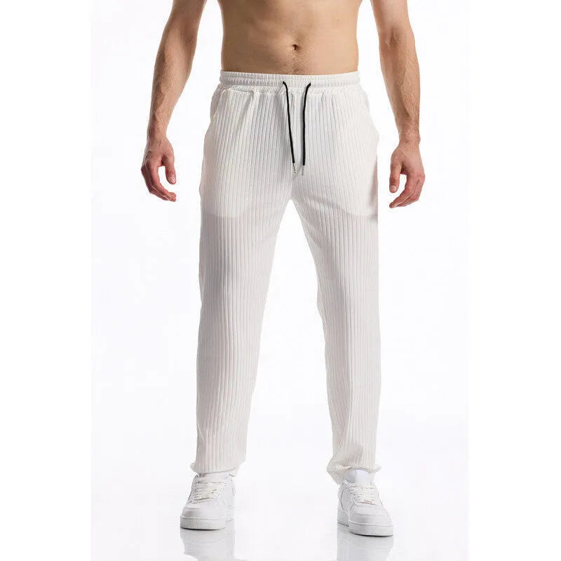 Silky rib fabric baggy straight trousers with drawstring waistband in black, white or khaki colours