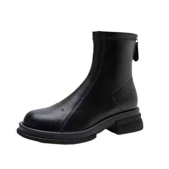 Women's black thick heel ankle boots with back zipper and round toe on flat rubber sole