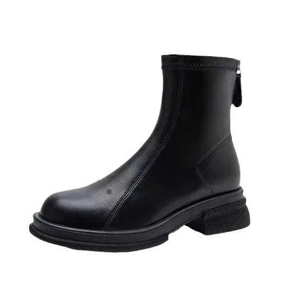 Women's black thick heel ankle boots with back zipper and round toe on flat rubber sole