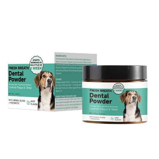 150g Dog Breath Tooth Cleaning Powder container with natural ingredients for canine dental care
