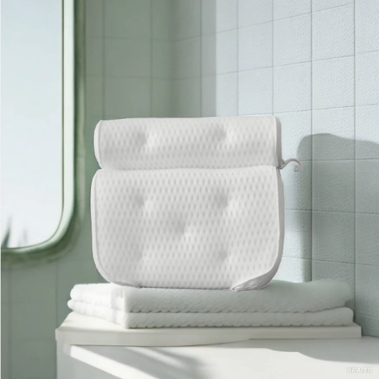White bathtub pillow with 7 suction cups and 4D mesh design, measuring 37x34x10cm, on a bathtub