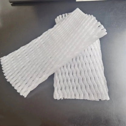 A white foam protective net sleeve stretched open, showing its simple tubular construction.