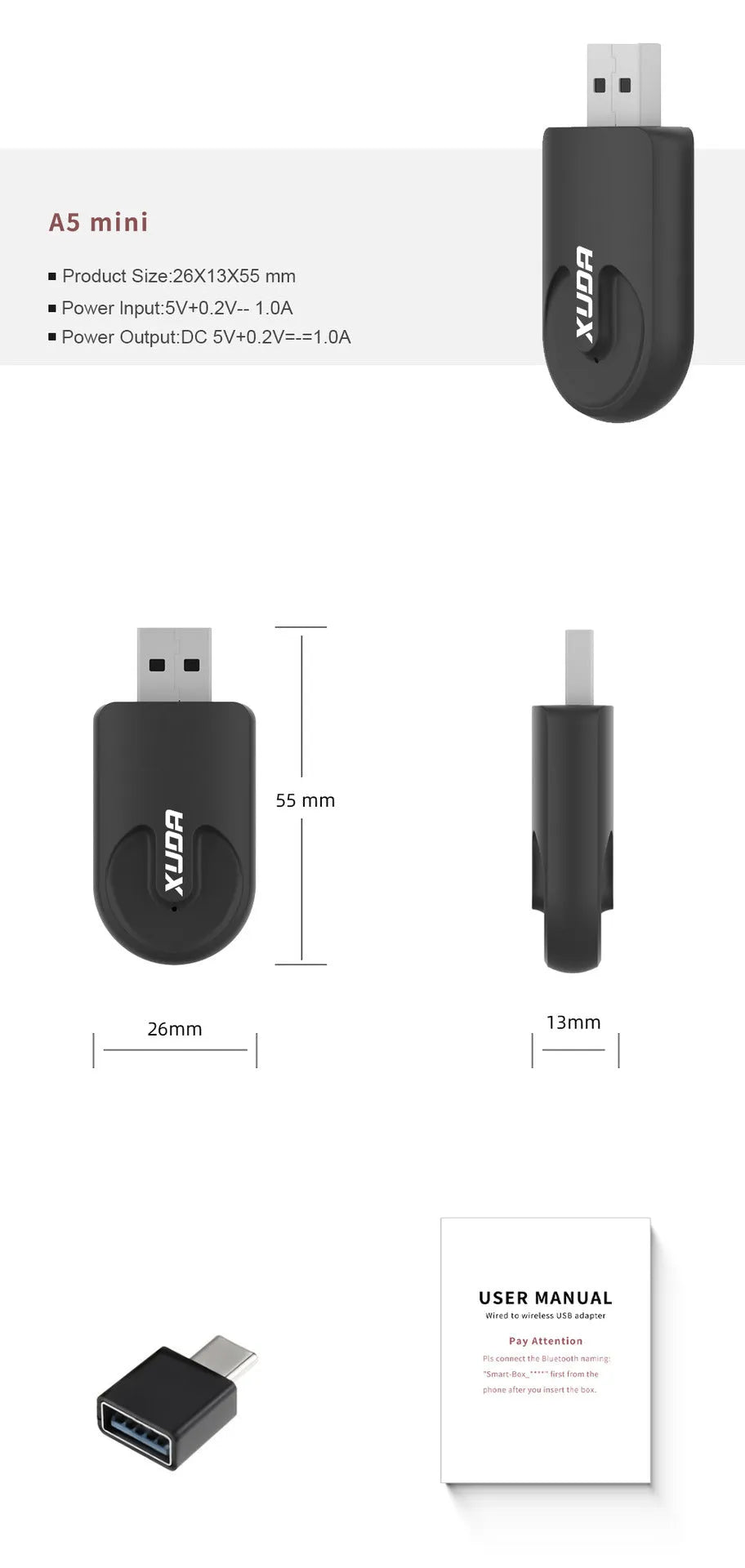 Small black rectangular CarPlay USB wireless adapter dongle on a white background.