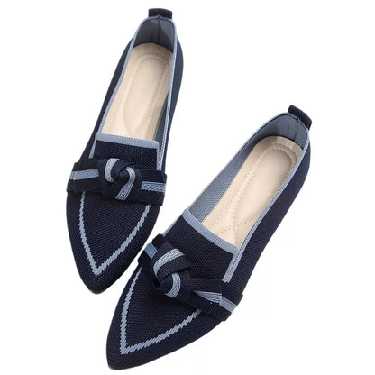 Women's pointed toe bow flat shoes with woven slip-on design in various colors