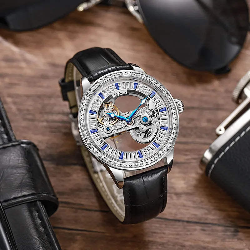 Luxury zircon men's mechanical watch with 12mm case, mineral glass, and onion head crown on wrist