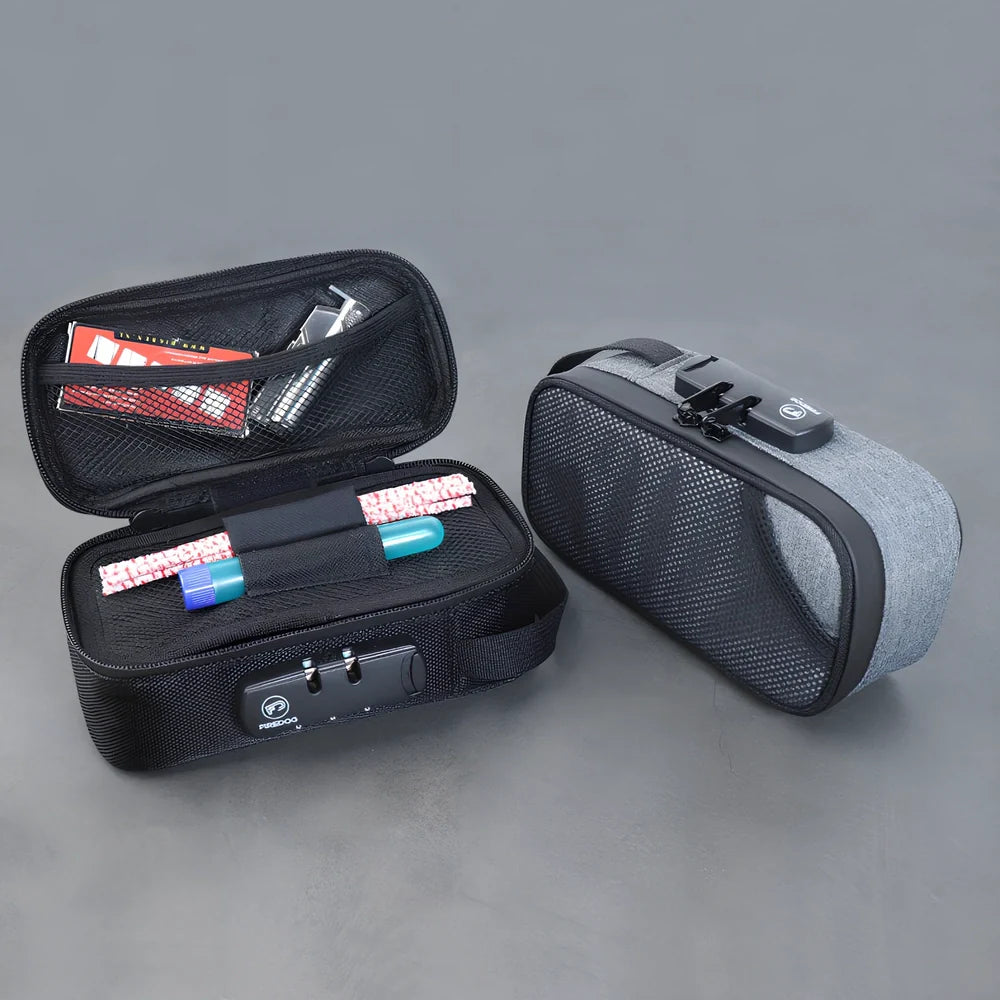 Black 20x10x7.2cm smell proof bag with lock, activated carbon lining and internal pockets for odour-free storage