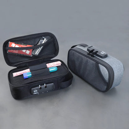 Black 20x10x7.2cm smell proof bag with lock, activated carbon lining and internal pockets for odour-free storage