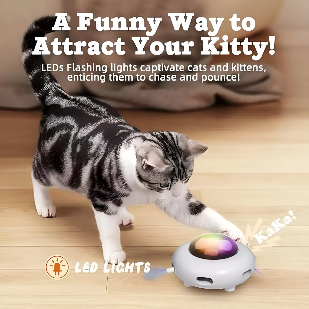 White automatic cat toy with colourful feathers and cleaning ring attachment on floor