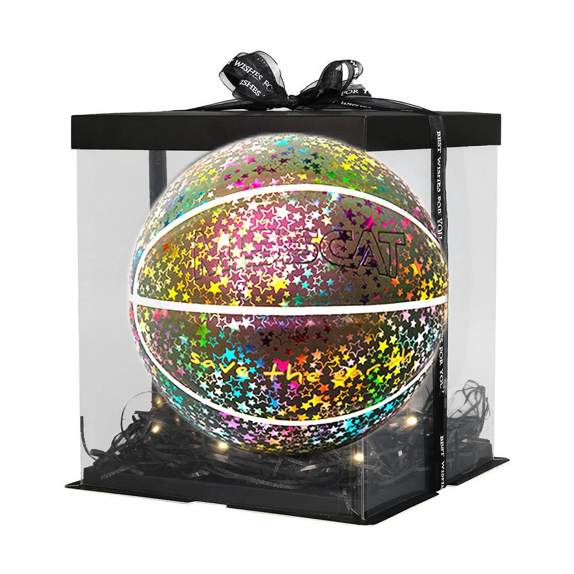 Glowing luminous basketball with mesmerizing rainbow, moon, and multicolored lighting effects for dazzling nighttime games