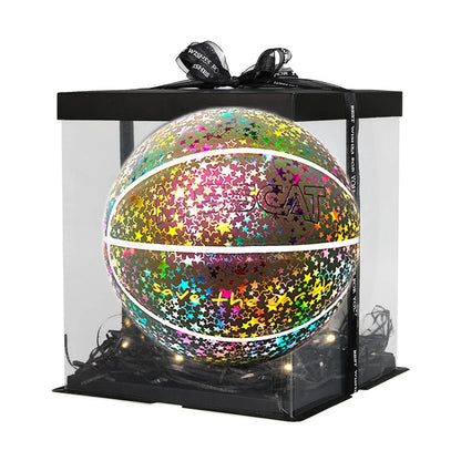Glowing luminous basketball with mesmerizing rainbow, moon, and multicolored lighting effects for dazzling nighttime games