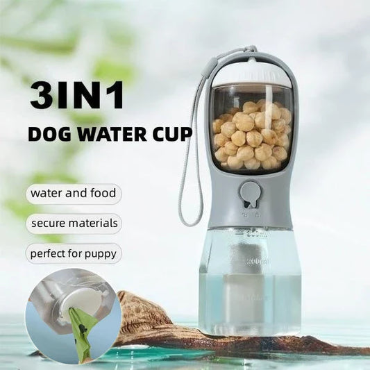 Versatile 3-in-1 pet water bottle with integrated water dispenser, food container, and waste bag compartment