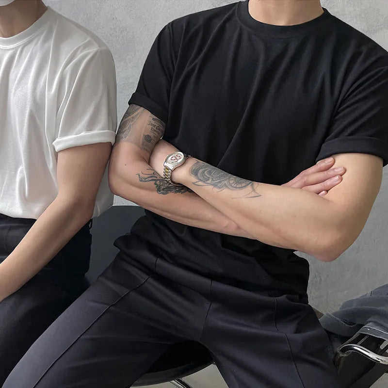 Men's slim fit cotton t-shirt in black with half sleeves and round neck