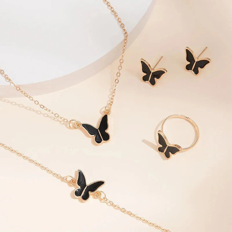 5-piece butterfly jewelry set for women, including necklace, earrings, ring, and bracelet