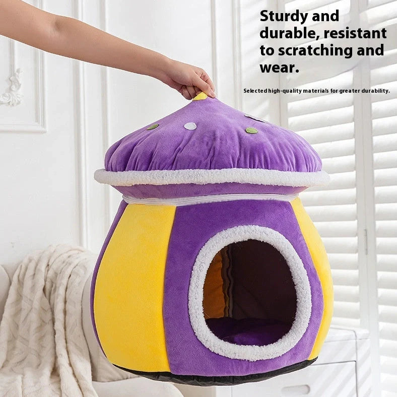 Grey mushroom-shaped cat bed with detachable thermal blanket showing 2.5cm thick plush interior