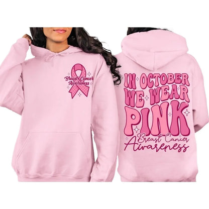 Women's pink pullover hoodie with a retro-style graphic print for breast cancer awareness and a side seam pocket.