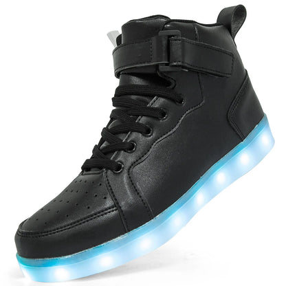 LED light-up high-top sneakers with Velcro strap in multiple colours on a dark background.