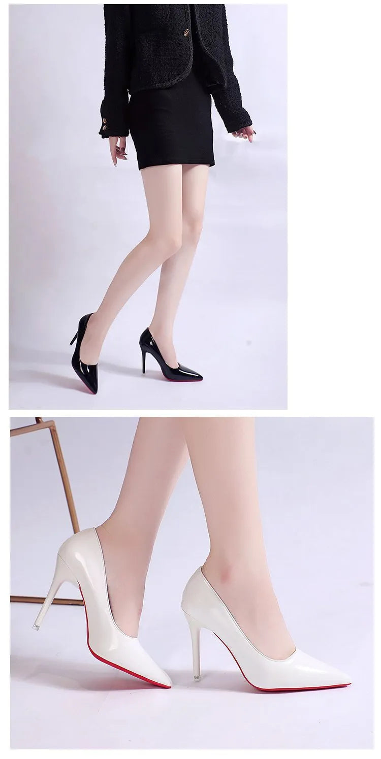 Women's black stiletto heel pumps with pointed toe and shallow mouth design on a neutral background