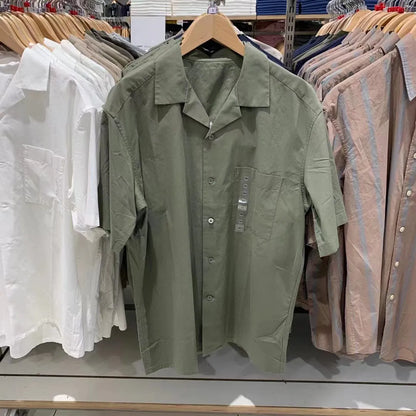 Men's modal cotton blended open collar casual shirt in beige colour with Japanese Korean styling