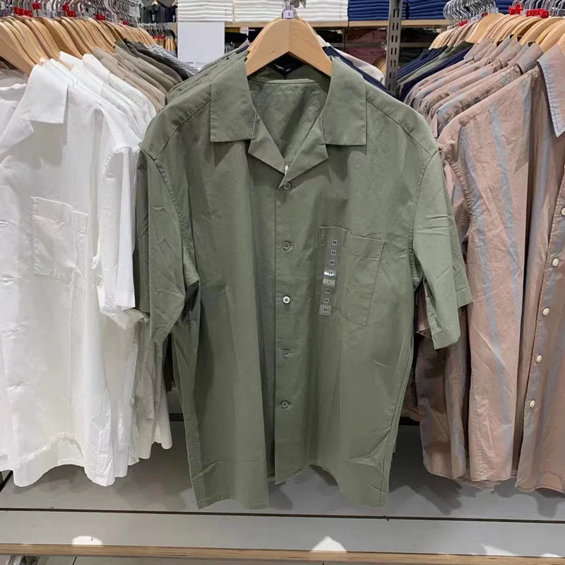 Men's modal cotton blended open collar shirt in casual Japanese Korean style cardigan design with regular sleeves and collage stitching craftsmanship, available in beige olive white black colour options and S M L XL sizes for relaxed everyday wear