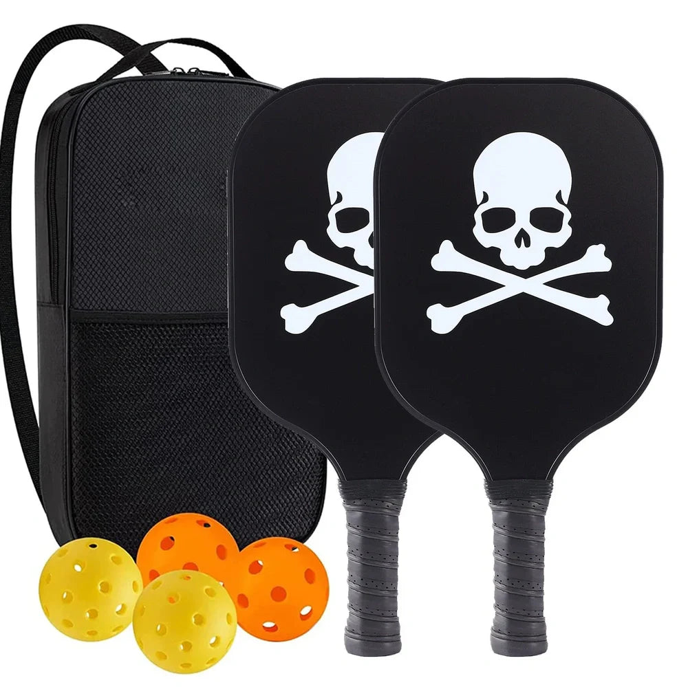 Peak Racket fibreglass squash set showing two rackets and four balls for complete playing equipment