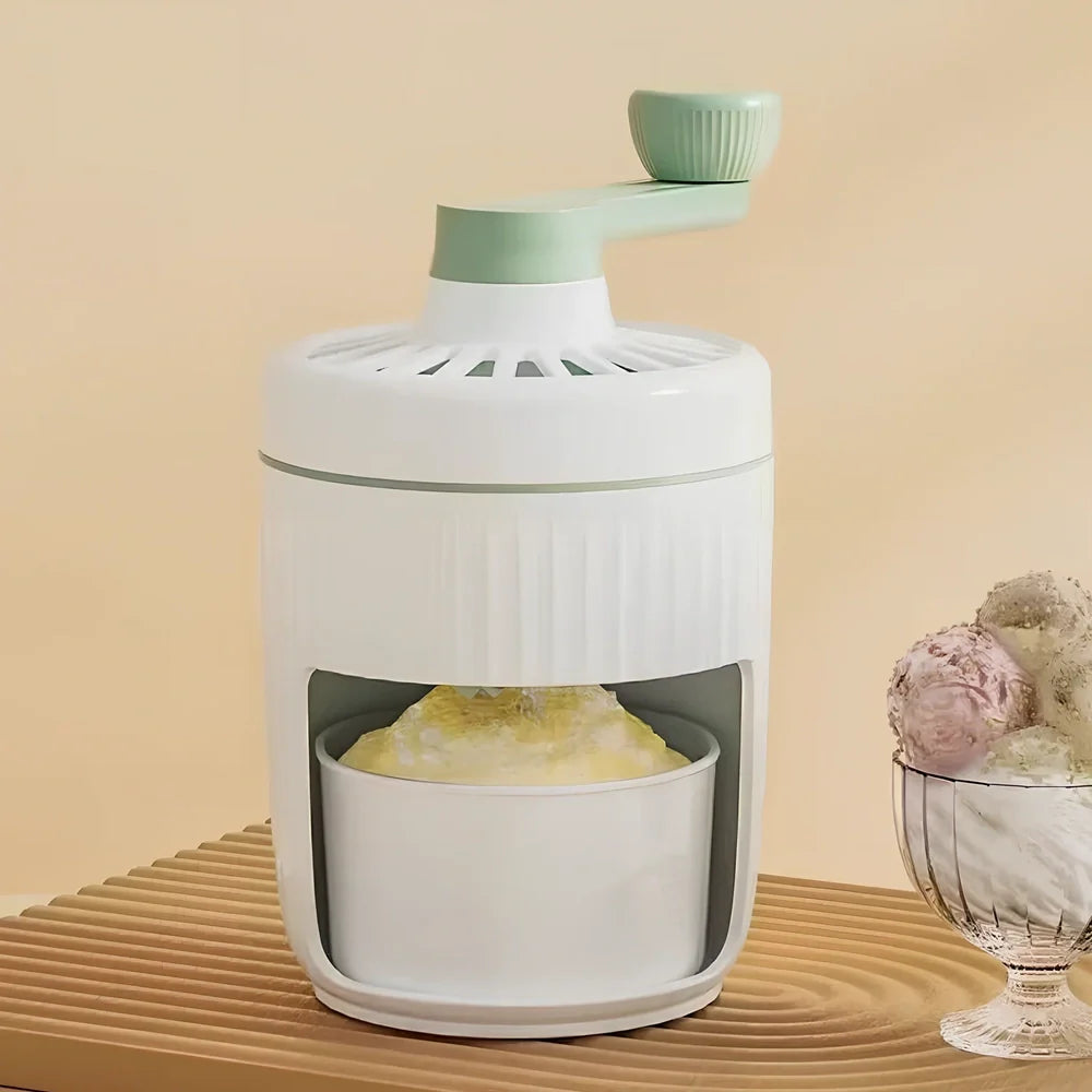 Green hand-cranked ice shaving machine with removable ice box and ergonomic handle