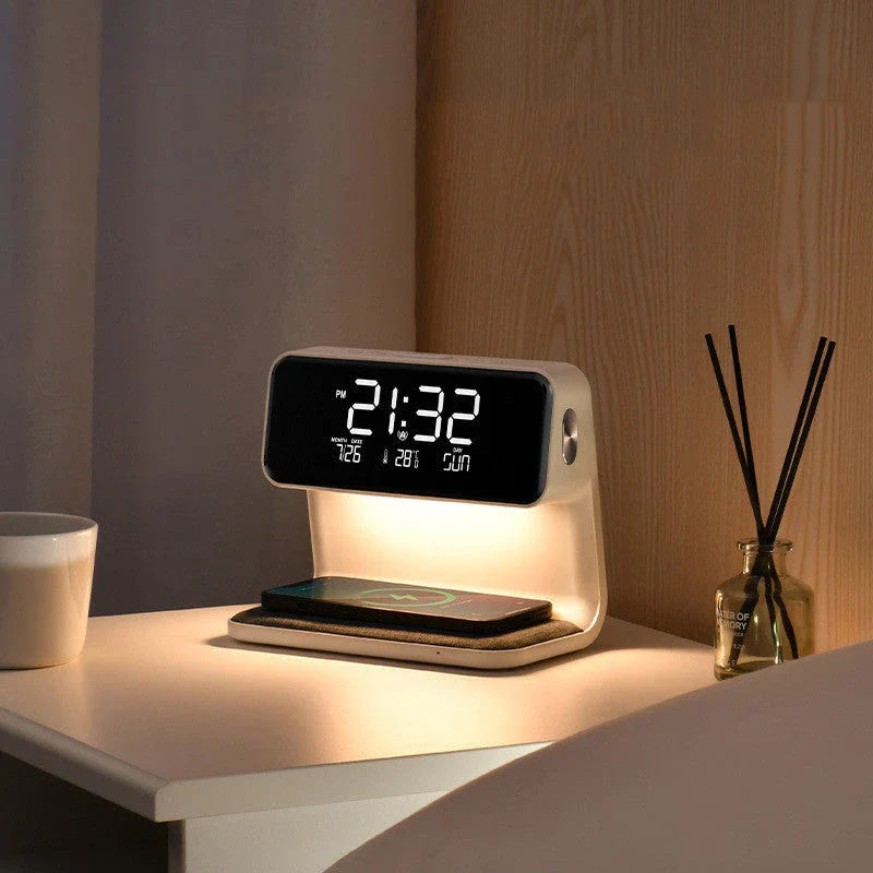 Versatile 3-in-1 bedside lamp with wireless charger, alarm clock, and adjustable LED lighting