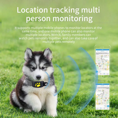 Waterproof GPS pet tracker in black, sky blue, pink, and grass colour options showing compact 65.5mm design