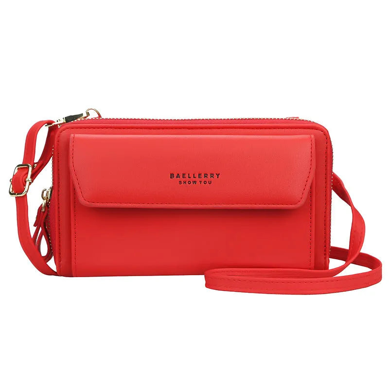 Ladies long wallet double zipper messenger bag in soft PU leather, shown in available colours