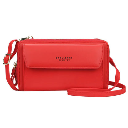 Ladies long wallet double zipper messenger bag in soft PU leather, shown in available colours