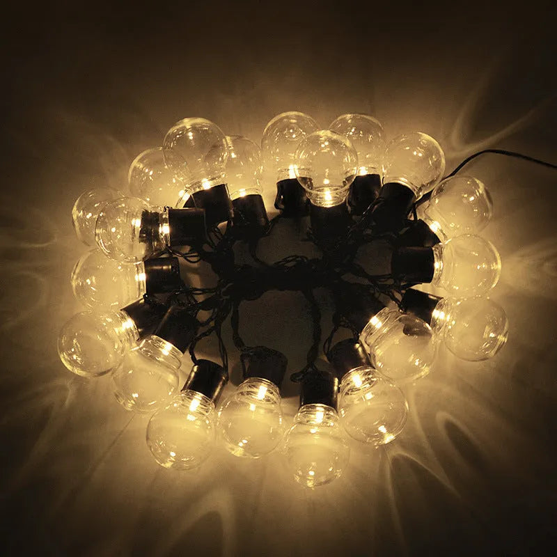 10-metre black wire solar festoon lights with 40 warm white LED bulbs for outdoor decoration