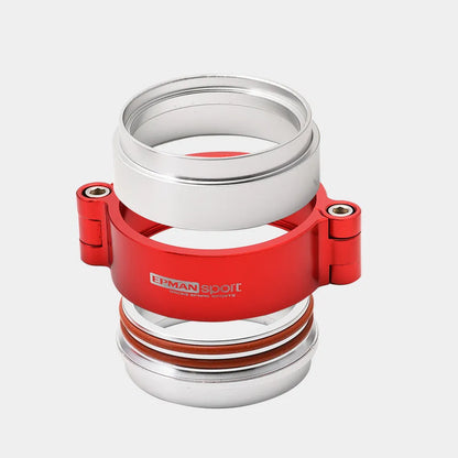 Aluminium fixed movement clamp for turbine exhaust downspouts in black, blue, or red colours showing 800psi pressure rating
