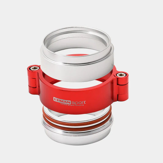 Aluminium fixed movement clamp for turbine exhaust downspouts in black, blue, or red colours showing 800psi pressure rating