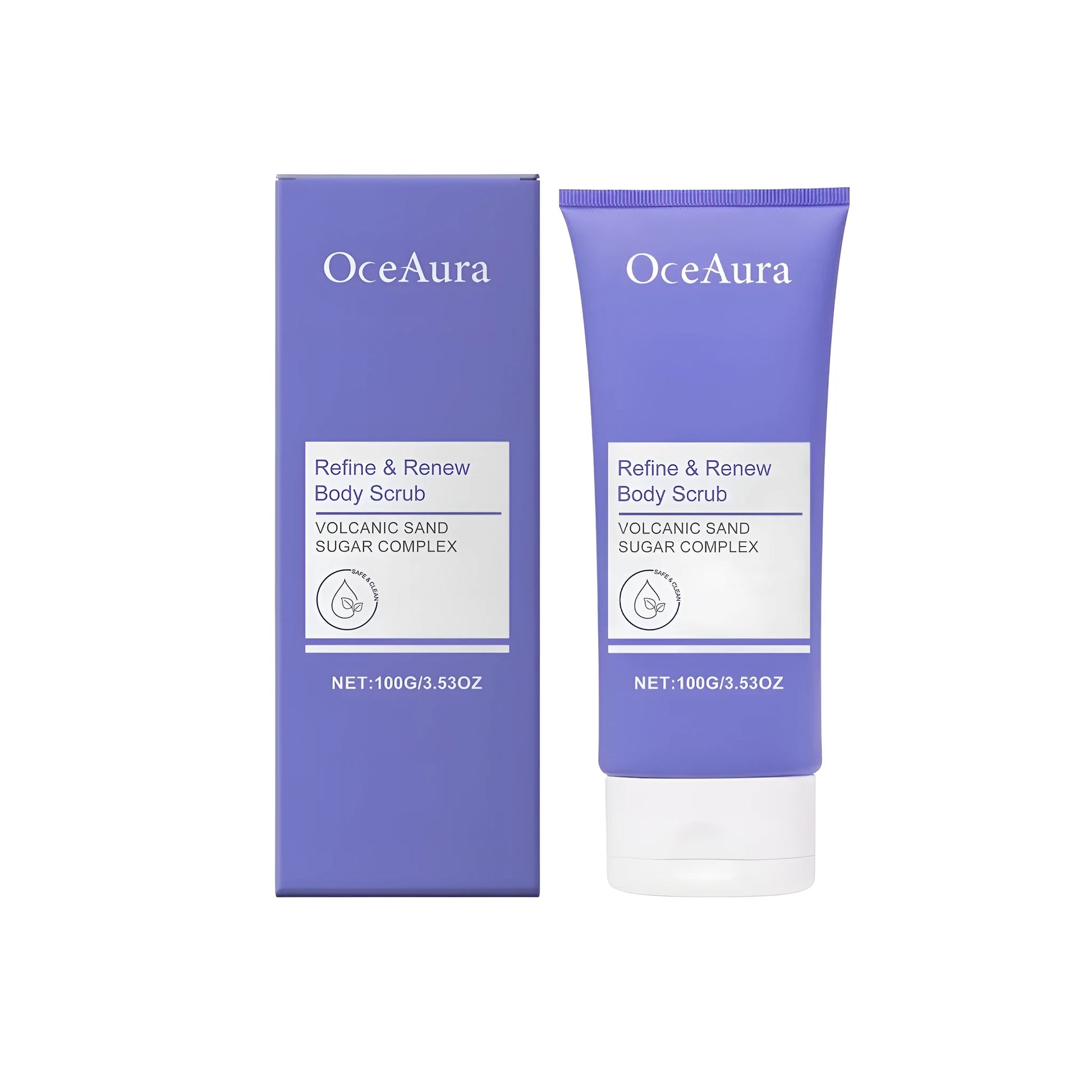 100g tube of body scrub cream with walnut shell and volcanic ash exfoliants.