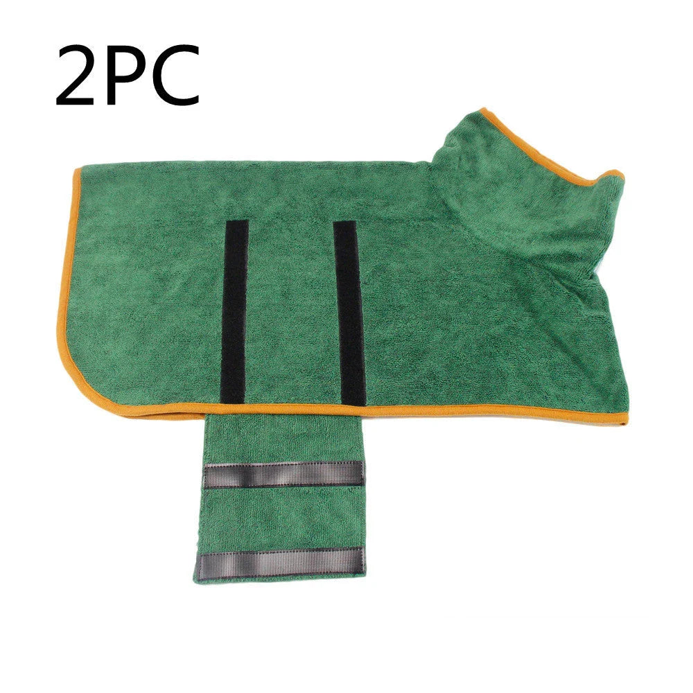 Absorbent dog bathrobe made of soft microfiber material with adjustable waist strap for a custom fit
