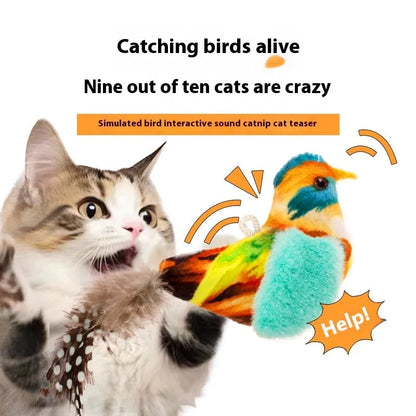 Bird simulation cat plush toy in four summer colour designs: colourful bird, sparrow, blue kingfisher and yellow bird