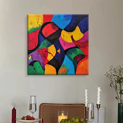 Hand-painted abstract oil painting on canvas, square unframed one-panel wall art, rolled for delivery