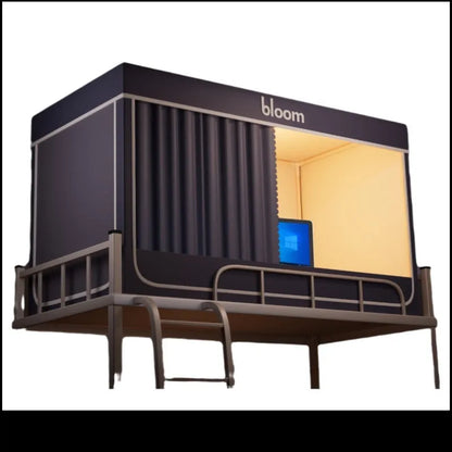 Grey bed curtains with integrated mosquito net on 0.9m bed frame showing five-sided enclosure