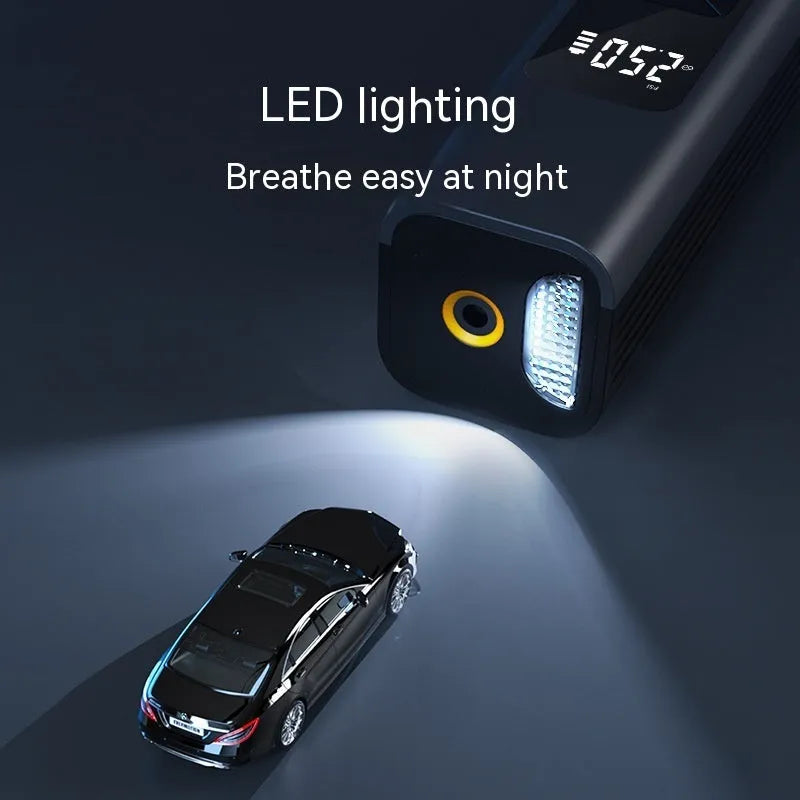 Handheld wireless car tyre inflator and vacuum cleaner with digital display on a black background.