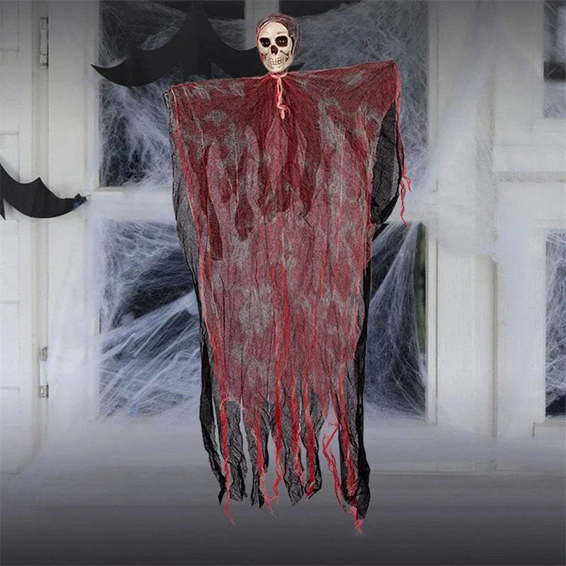 Halloween hanging ghost pendant with blood-dyed skull and wavy cloth for scary decor