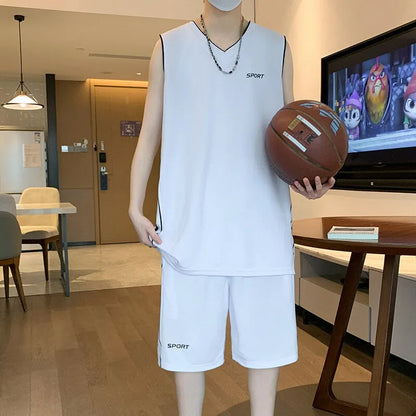Men's thin polyester basketball sports suit consisting of a sleeveless vest and short pants on a hanger.