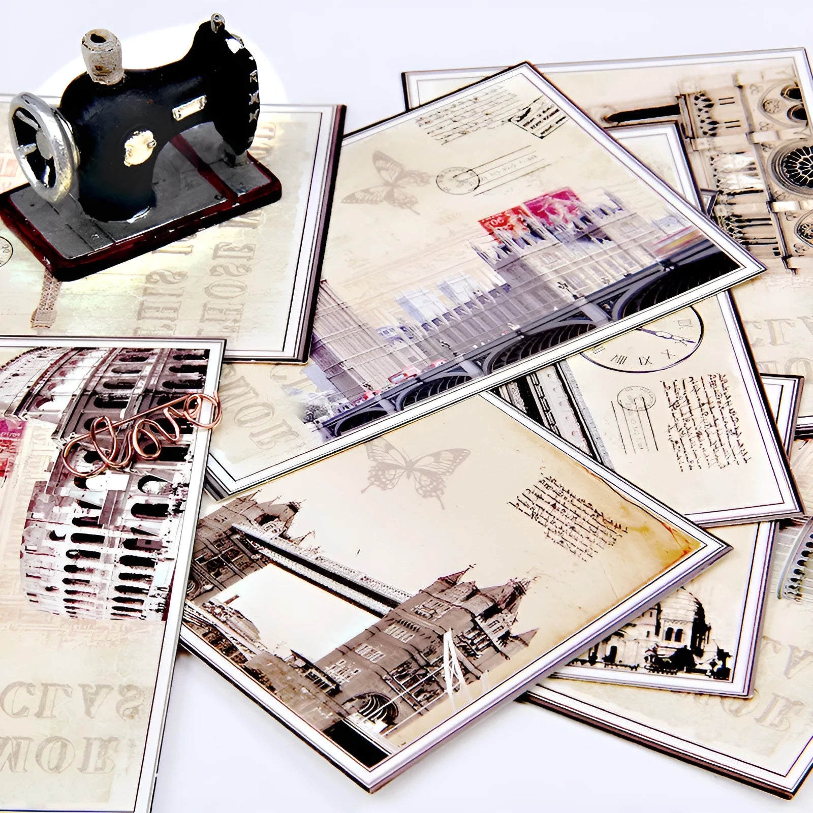 Pack of nine retro cartoon-style postcards showing Paris Eiffel Tower and historic site designs.