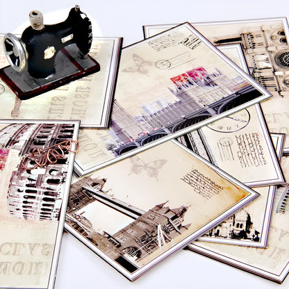 Pack of nine retro cartoon-style postcards showing Paris Eiffel Tower and historic site designs.