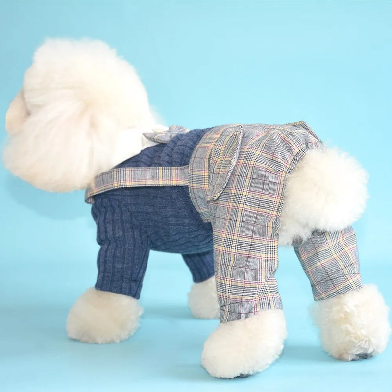 Dog suit shirt for small dogs, available in orange and dark blue colour options, made from cotton material for comfort, offering sizes S, M, L, XL, and 2XL to fit various small canine breeds for daily wear or occasion outfits.