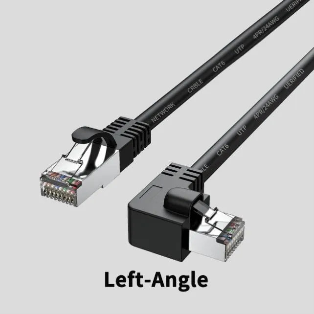 Black Cat6 Ethernet cable with a right-angled metal RJ45 connector plugging into a network switch port.