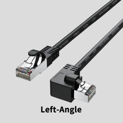 Black Cat6 Ethernet cable with a right-angle metal RJ45 connector lying flat on a wooden surface