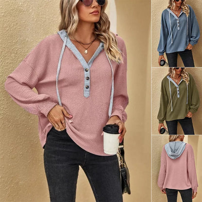Casual sports button hooded sweatshirt in army green, pink, and blue
