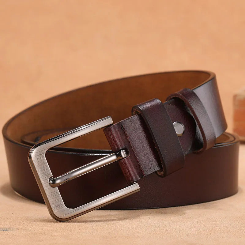 Square head pin buckle jeans belt in black or brown with alloy buckle and adjustable sizing