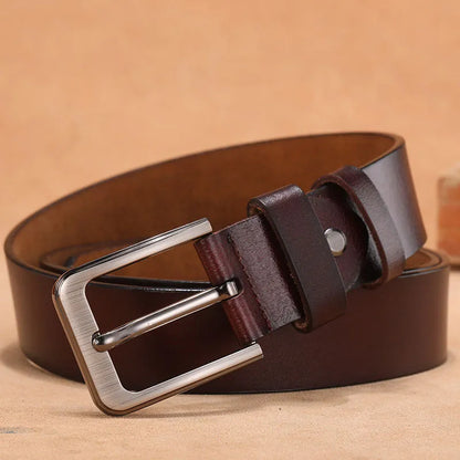 Square head pin buckle jeans belt in black or brown with alloy buckle and adjustable sizing